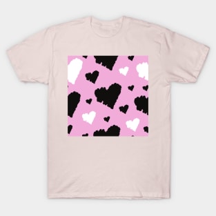 Black and white hearts on pink background T-Shirt
